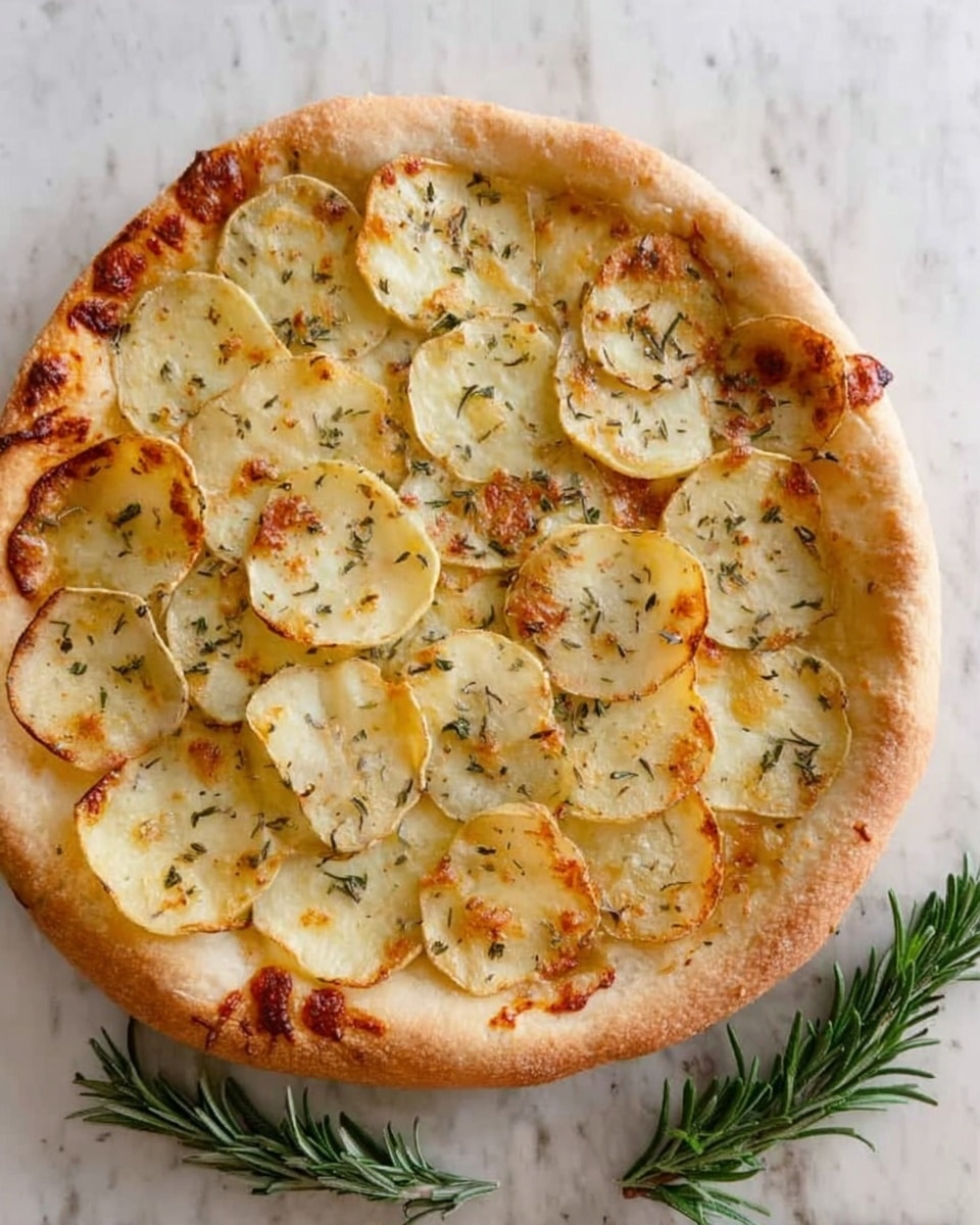 A round pizza with a thick, pale golden crust fills the frame, topped with a single layer of thin, round potato slices that are a mix of creamy white and light golden brown edges with some small crispy dark spots. Each potato slice looks soft with a slightly bubbly texture, sprinkled with small green herb bits, likely rosemary, giving a fresh touch. The pizza is placed on a white marbled surface with two sprigs of green rosemary beside it, adding to the natural look. Photo taken with an iphone --ar 4:5 --v 7