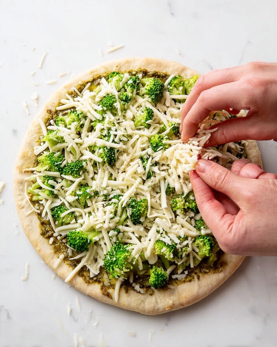 A small round pizza with a light brown crust sits on a white marbled surface. The base layer is spread with a green pesto sauce, topped with chopped green broccoli pieces evenly spread over the surface. On top, shredded white cheese is scattered, with a woman's hand adding more cheese from the right side of the image. The colors are fresh and bright, with the green broccoli contrasting with the white cheese and light crust. Photo taken with an iphone --ar 4:5 --v 7