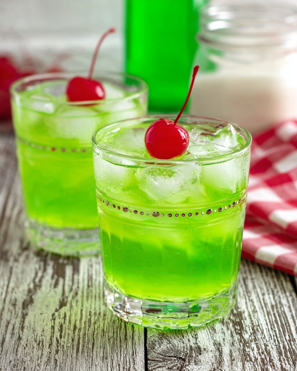 The image shows two clear glasses filled with bright green liquid, each glass containing three ice cubes near the top and garnished with a single red cherry with a stem resting on the ice. The glasses have a dotted pattern around the top and bottom rims. The drinks sit on a weathered wooden surface with a blurred green bottle and a white jar in the background along with a red and white checkered cloth. The overall scene has a light, fresh look. photo taken with an iphone --ar 4:5 --v 7