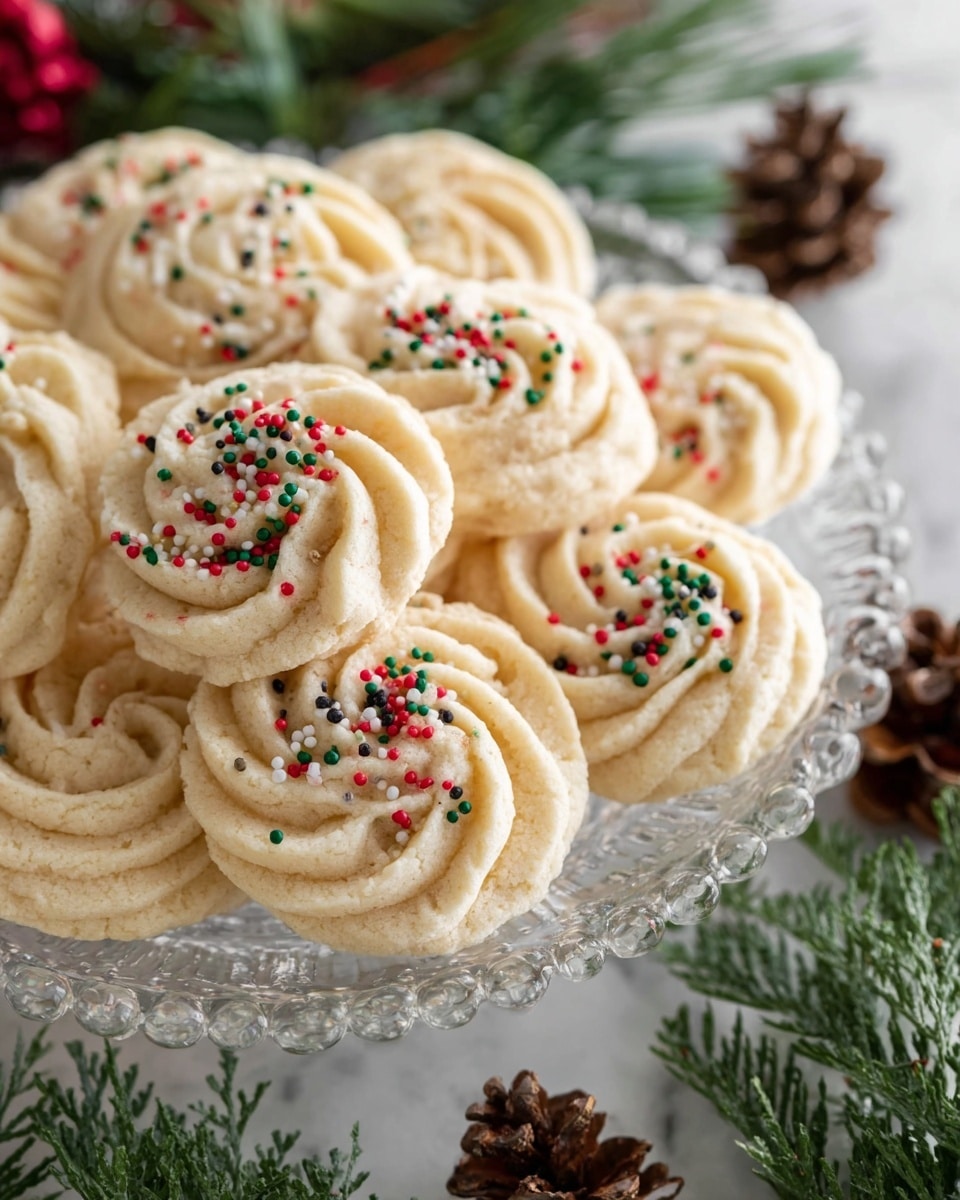 A clear glass plate holds about ten round, creamy light beige cookies with a swirled design and a slightly rough texture. Some cookies are decorated on top with small round sprinkles in red, green, white, and black colors, adding contrast and a festive look. The plate is placed on a white marbled surface, surrounded by blurred green pine branches and pine cones that add a natural, holiday feel. The lighting is soft, highlighting the texture of the cookies and their gentle curves. photo taken with an iphone --ar 4:5 --v 7