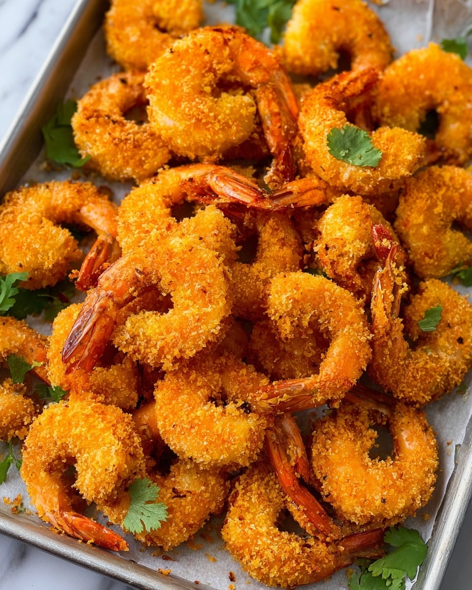 A white plate full of golden brown crispy fried shrimp piled high, each shrimp coated with a crunchy textured layer showing bits of coconut flakes, their orange tails sticking out. On the side of the plate is a small white bowl filled with bright red sweet chili sauce, shiny and smooth with small seeds visible inside. A few green cilantro leaves sit between the shrimp and the bowl, adding a fresh touch. The plate is set on a white marbled surface with some green herbs blurred in the background. photo taken with an iphone --ar 4:5 --v 7