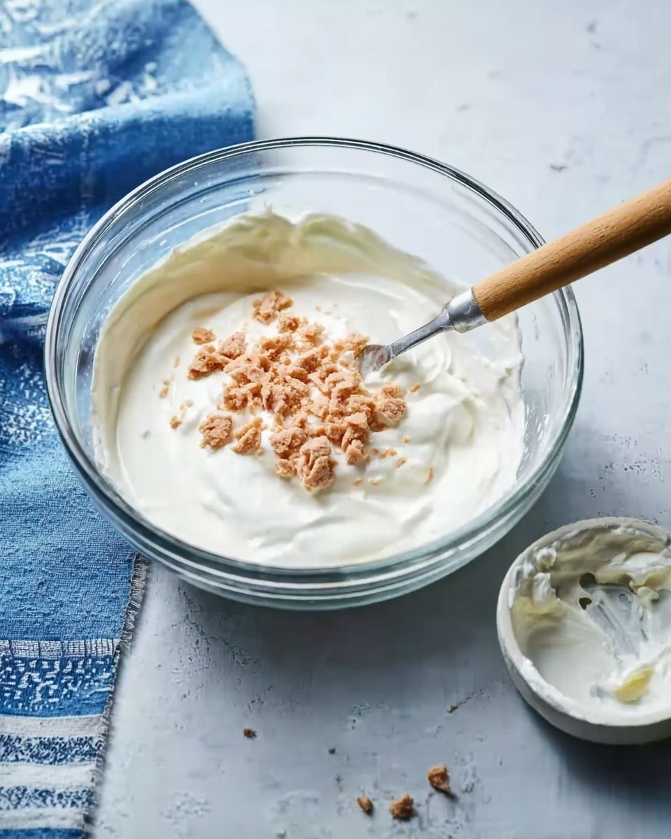 A clear glass bowl on a white marbled surface contains a thick white creamy layer covering the bottom and sides, with a layer of small light brown pieces placed on top near the center. A wooden-handled spoon is resting inside the bowl with its handle leaning outwards. Nearby, there is a small round white dish with a bit of the same white creamy substance inside. The background includes a blue cloth with a white pattern, partially visible to the left of the bowl. Photo taken with an iphone --ar 4:5 --v 7