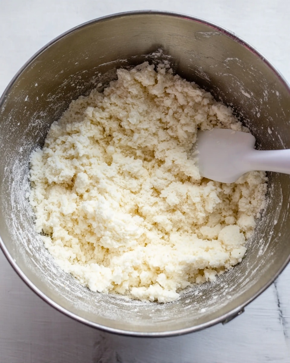 A close-up of a silver mixing bowl filled with a crumbly, white mixture that looks soft and grainy in texture. Inside the bowl is a white spatula resting on the right side, partially buried in the mixture. The inside of the bowl shows slight powder residue stuck on the sides, adding to the rough texture. The bowl is placed on a white marbled surface. photo taken with an iphone --ar 4:5 --v 7