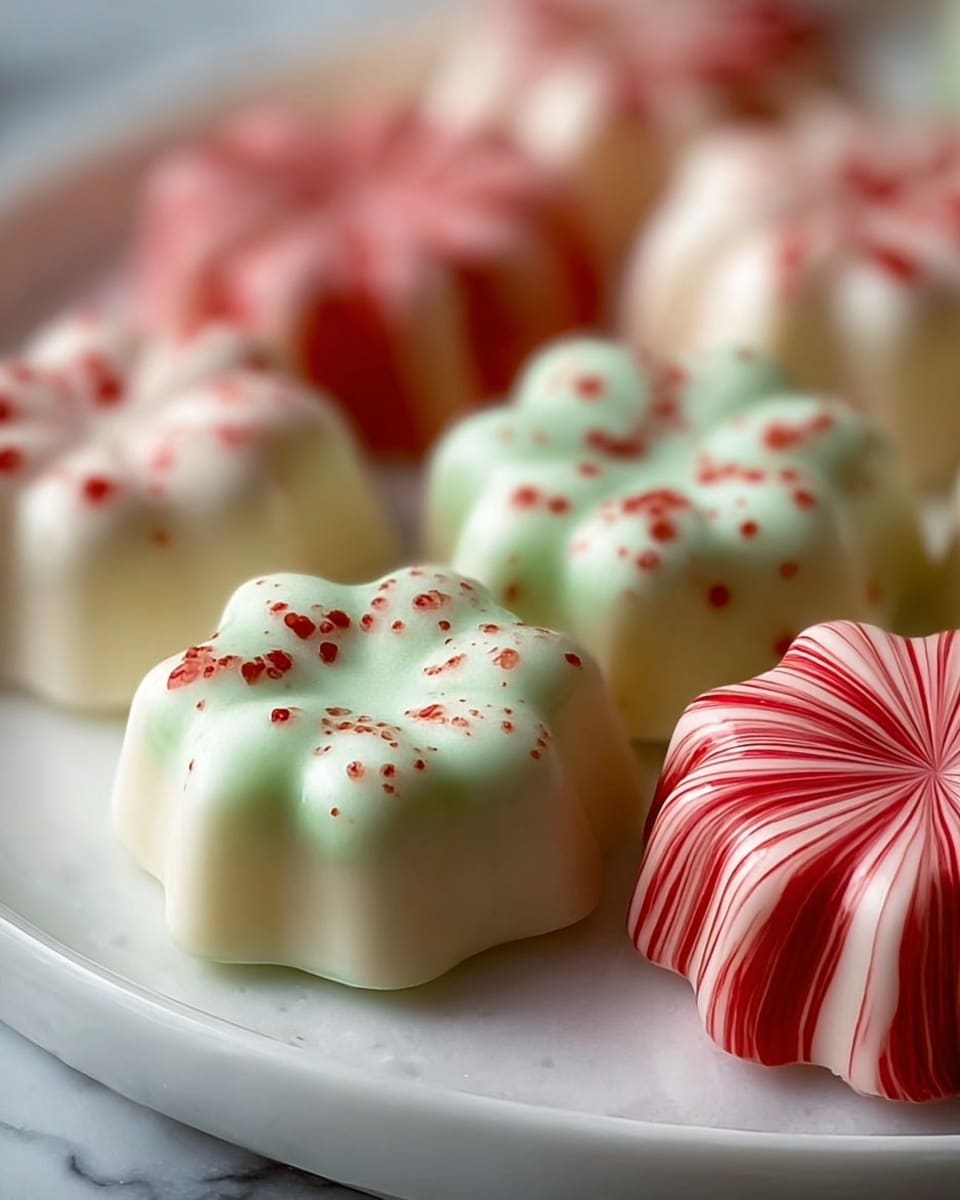 The image shows several small, flower-shaped candies on a white plate, placed on a white marbled surface. Each candy has a smooth, glossy texture with different colors. Some have a creamy white base with light green shading and small red specks on top, while others have a white base with red swirled stripes radiating from the center to the edges. The candies are closely placed, showing their soft curves and shiny surface, with a clear focus on the front candies and a blurred background. photo taken with an iphone --ar 4:5 --v 7