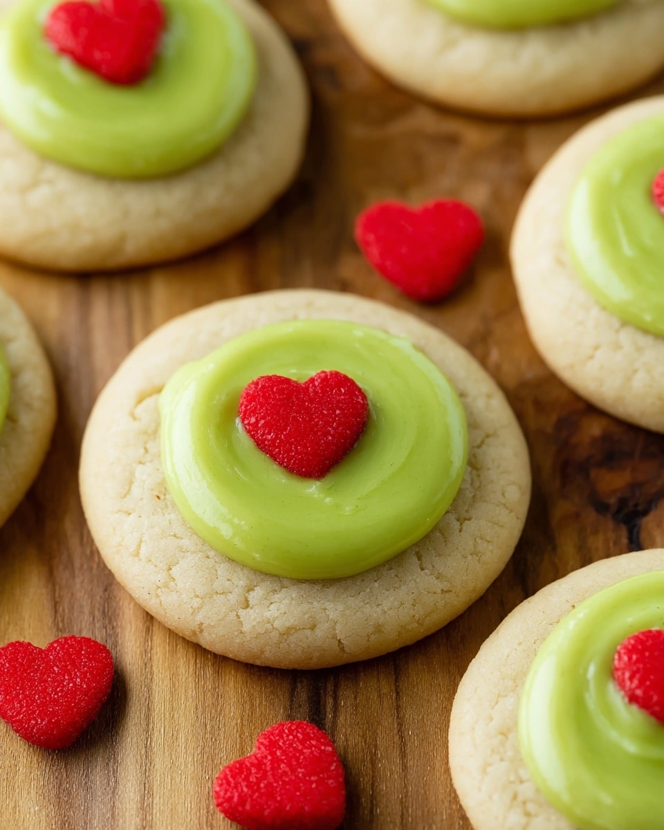 The image shows round, light beige cookies laid out on a wooden surface with a natural grain pattern. Each cookie has a smooth, circular layer of bright green icing in the center, which has a soft and glossy texture. On top of the green icing, there is a small, red heart-shaped decoration, giving a pop of color and texture with its slightly rough look. More red heart-shaped decorations are scattered around the cookies on the wooden surface. photo taken with an iphone --ar 4:5 --v 7
