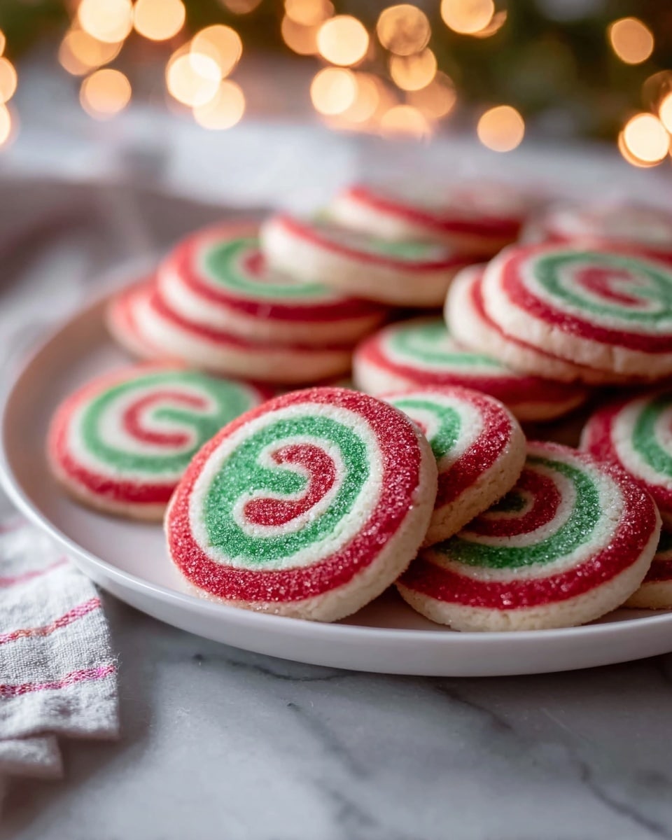 A white plate is filled with round spiral cookies arranged in layers, each cookie showing three colors in rings: red on the outside, followed by white, and then green in the center. The surface beneath the plate has a soft white marbled texture, with blurred warm lights in the background creating a cozy mood. The focus is on the front cookies with fine texture visible on the dough, while the ones at the back are softly blurred. photo taken with an iphone --ar 4:5 --v 7