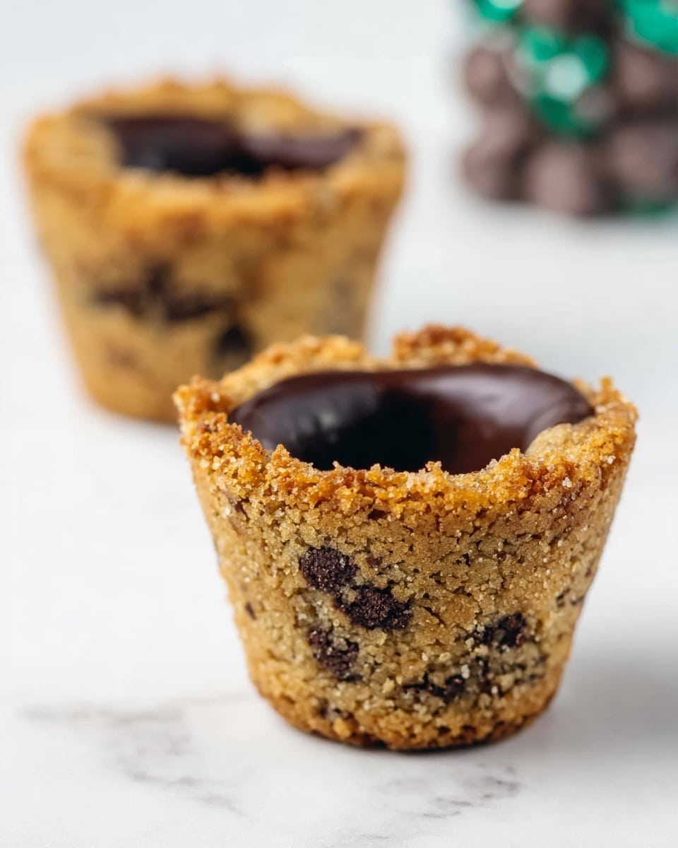 The image shows two cookie cups standing on a white marbled surface, each shaped like a small cup with a rough, crumbly texture on the outside and dark chocolate lining the inside. The cookie dough is golden brown with specks of melted chocolate chips. The top edges are uneven, showing a rugged finish. One cookie cup is in the foreground, clear and detailed, while the other is slightly blurred in the background. The scene is bright with soft lighting. Photo taken with an iphone --ar 4:5 --v 7