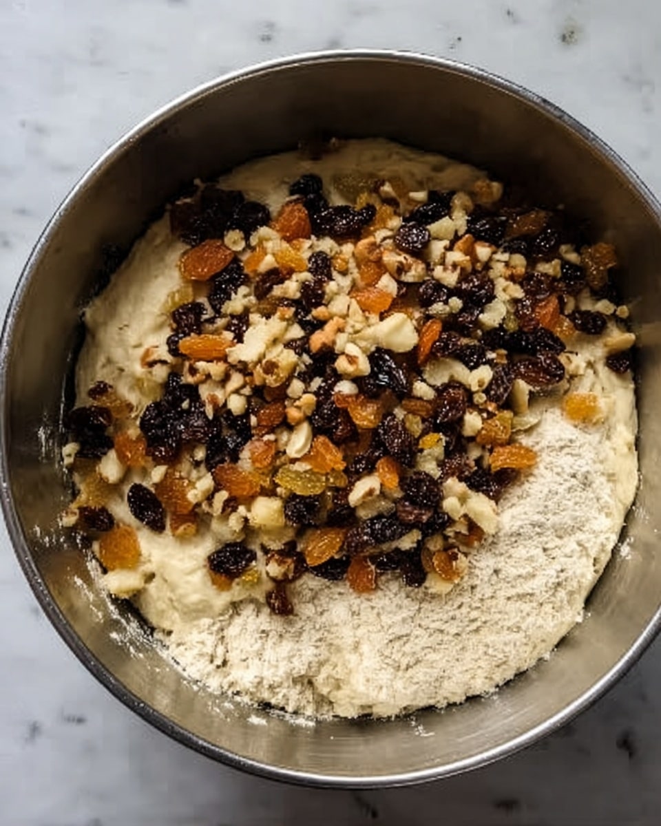 A close-up view of a metal bowl containing dough with a rough, uneven texture on the bottom right side. On top of the dough, there is a thick layer of mixed dried fruits and chopped nuts spread unevenly, featuring dark raisins, light-colored nut pieces, and small orange bits likely from dried apricots. The bowl sits on a white marbled surface. The overall colors contrast between the pale dough and the darker, chunky fruit and nut topping. Photo taken with an iphone --ar 4:5 --v 7
