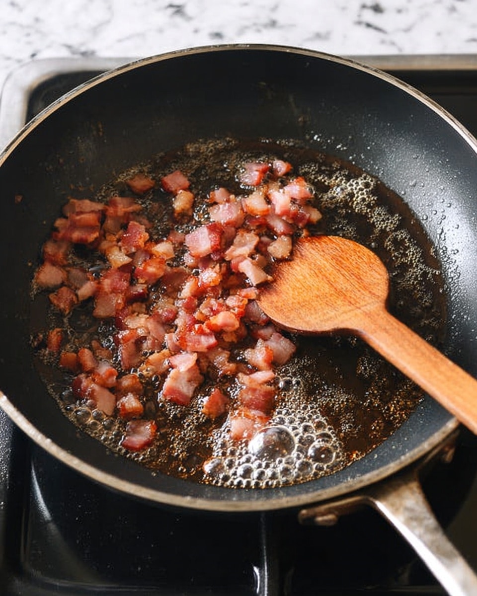 A black frying pan on a stove filled with small pieces of cooked bacon sizzling in hot oil, with some bubbles forming around the bacon. A wooden spoon is stirring the bacon in the pan. The stove and pan appear clean and the background is a white marbled texture. Photo taken with an iphone --ar 4:5 --v 7