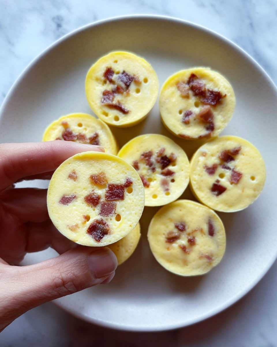 A close-up of a small, round yellow egg dish held by a woman's hand, showing a smooth, cooked egg layer mixed with small brown crisp bacon pieces embedded on the top surface. The egg part has a soft, slightly fluffy texture with tiny bubbles on top. In the background, more of the same egg rounds sit on a white plate, placed on a white marbled surface. photo taken with an iphone --ar 4:5 --v 7