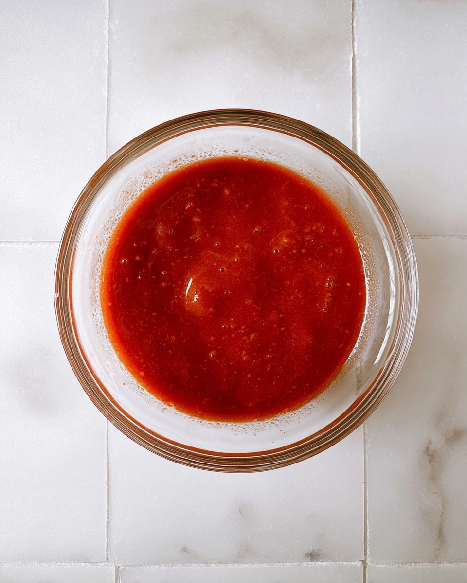 A glass bowl filled with a thick, bright red sauce with small bubbles and slight texture on its surface, sitting on a white marbled tile background, the sauce evenly spread but showing some clumps and a shiny wet look around the edges, viewed from above photo taken with an iphone --ar 4:5 --v 7