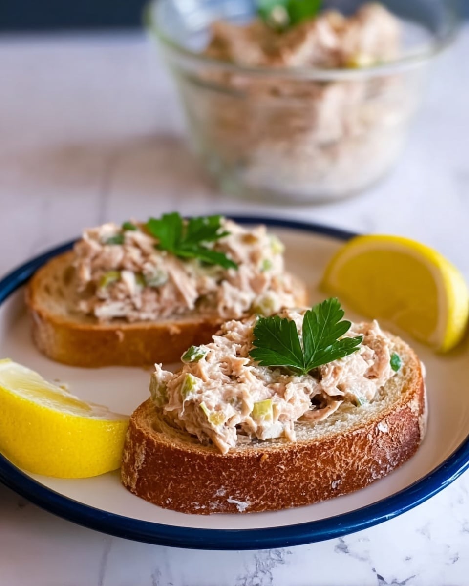 Two slices of toasted bread topped with a creamy tuna salad mixture that has small green herb bits and a soft texture, each slice garnished with a small green parsley leaf. Between the slices, there is a half lemon with bright yellow flesh placed to the side. The toast sits on a white plate with a blue rim on a white marbled surface. A clear glass bowl with more of the tuna salad mixture is blurred in the background. Photo taken with an iphone --ar 4:5 --v 7