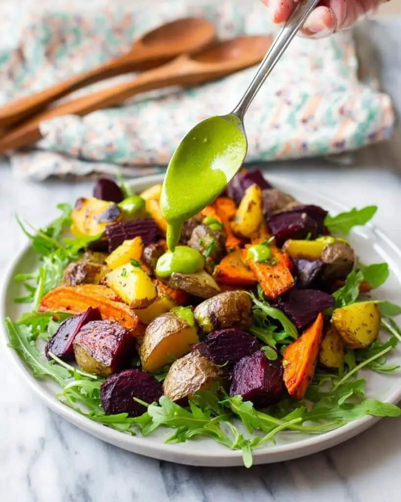 Roasted Root Vegetables Salad with Cilantro Dressing and Savory Granola Recipe