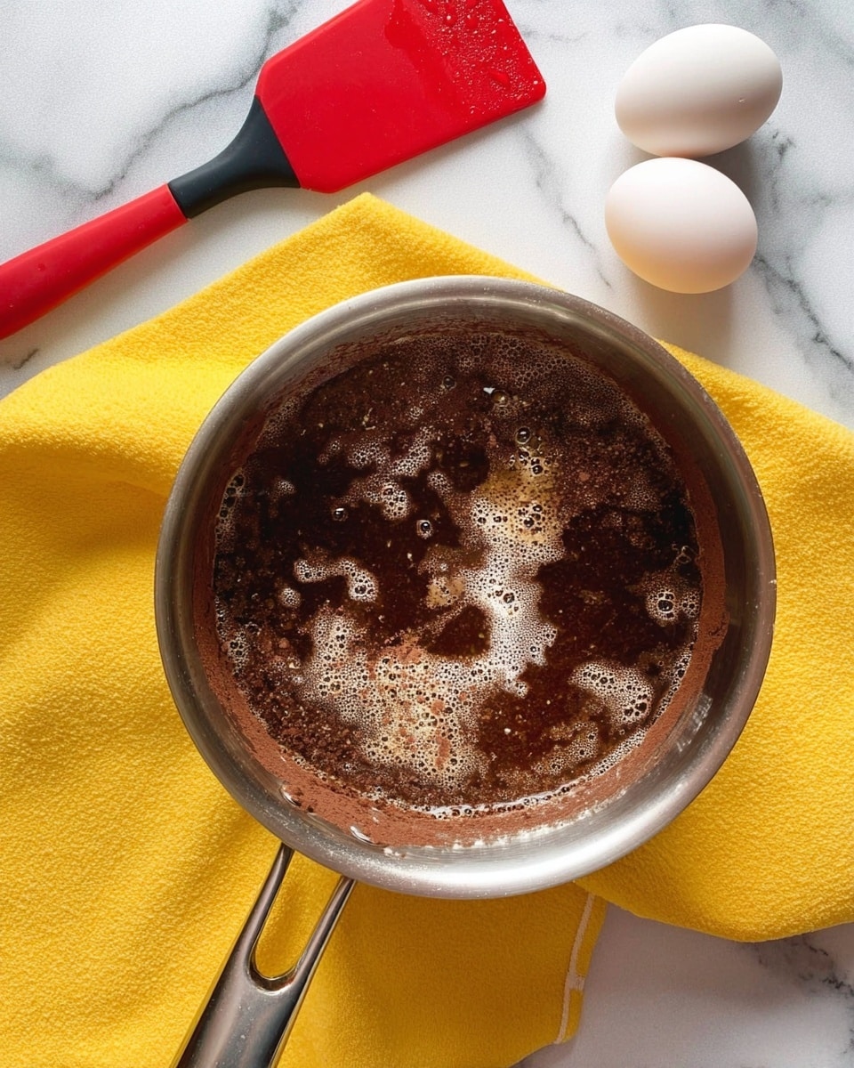 A metal mixing bowl sits on a white marbled surface with a bright yellow cloth underneath it. Inside the bowl is a dark brown liquid with uneven patches of cocoa powder or dry mix floating on top, showing a rough texture and bubbles. Next to the bowl, two white eggs rest on the yellow cloth, and a red spatula with a black handle lies diagonally above the bowl. photo taken with an iphone --ar 4:5 --v 7