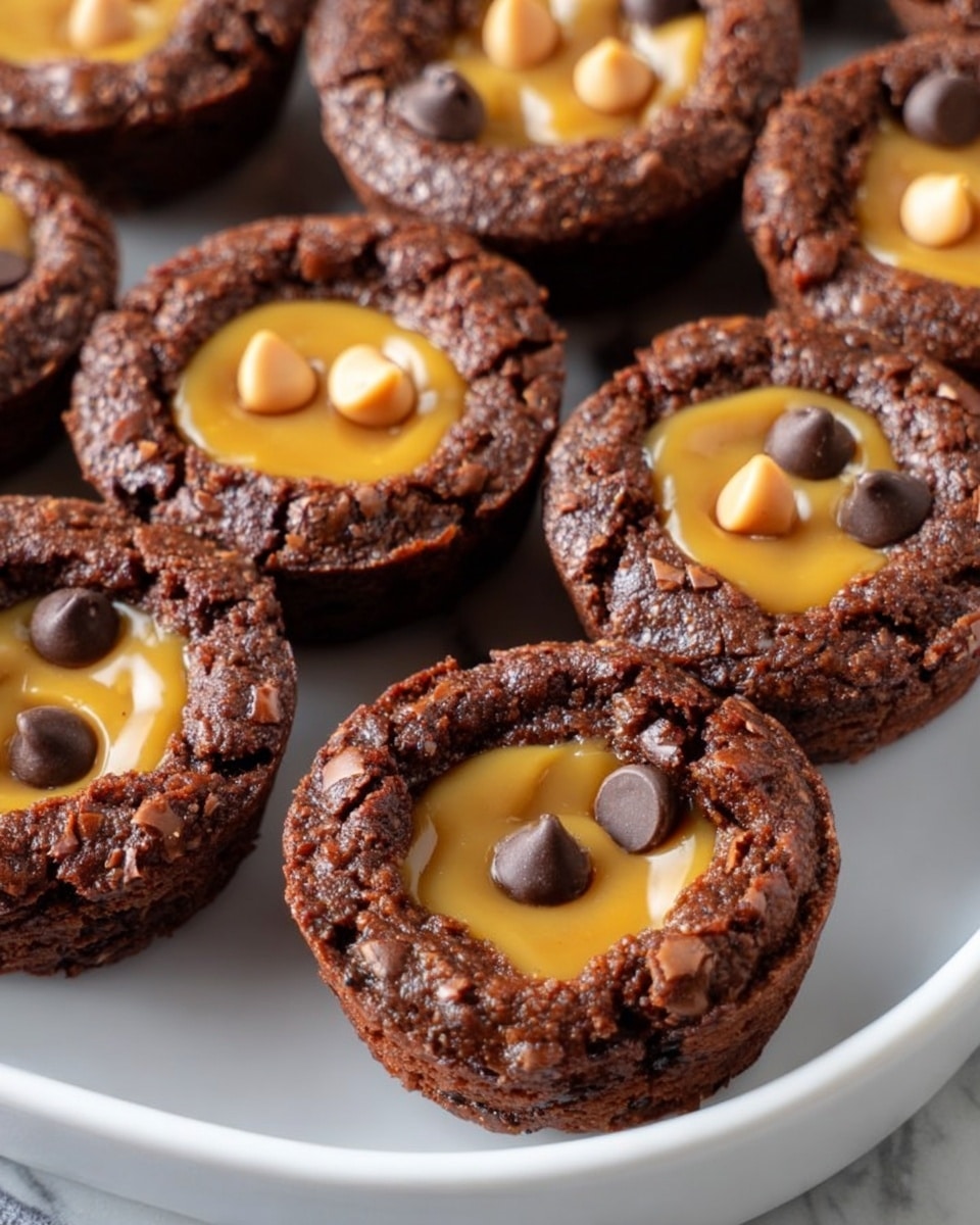 Six chocolate brownie cups are arranged on a white plate placed over a white marbled surface. Each brownie cup has a thick, cracked dark brown outer layer forming a round shell. Inside this shell, there is a smooth, light caramel-brown filling topped with a mix of small, dark chocolate chips and light tan peanut butter chips scattered unevenly. A few chocolate chips are also scattered on the marbled surface around the plate. The photo taken with an iphone --ar 4:5 --v 7
