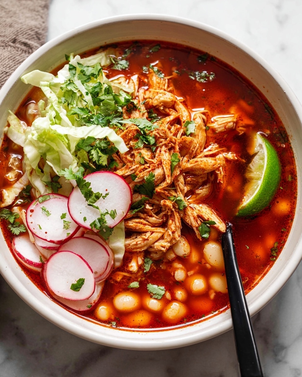 A white bowl filled with a bright red broth, layered with chunks of shredded orange chicken and large white hominy kernels scattered throughout. On one side, thin green cabbage strips and round slices of red-edged radishes lay on top, sprinkled lightly with small green cilantro leaves. A green lime wedge rests at the edge of the bowl, partially submerged in the broth. A black spoon is placed inside the bowl on the right side, and the bowl sits on a white marbled surface. Photo taken with an iphone --ar 4:5 --v 7