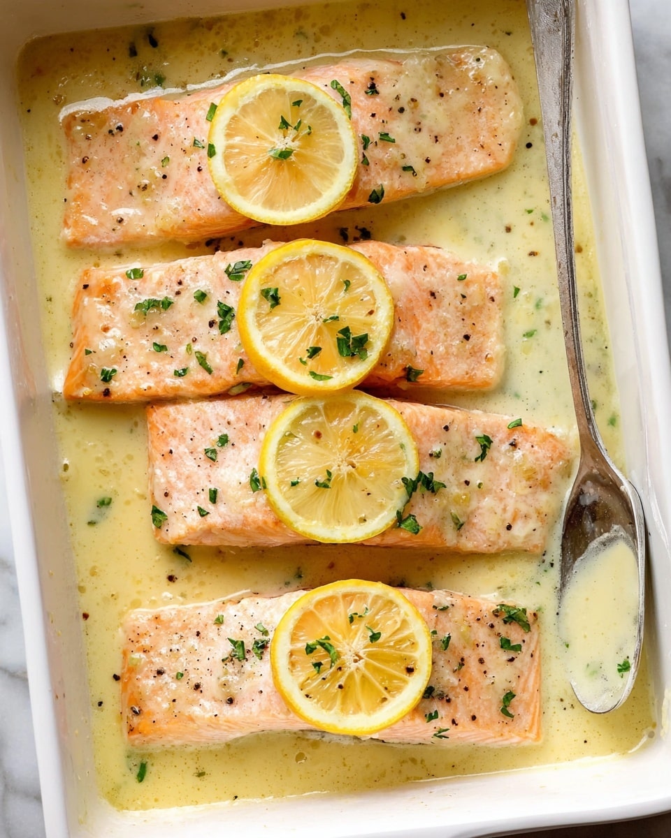 Four pieces of light pink cooked salmon fillets lie in a white baking dish filled with pale yellow creamy lemon butter sauce. Each salmon piece is topped with a small bright yellow lemon slice and scattered with green chopped herbs. A silver spoon filled with the same sauce rests in the dish on the right side. The sauce has small black pepper flecks and a smooth, slightly thick texture. The background shows a white marbled surface. photo taken with an iphone --ar 4:5 --v 7