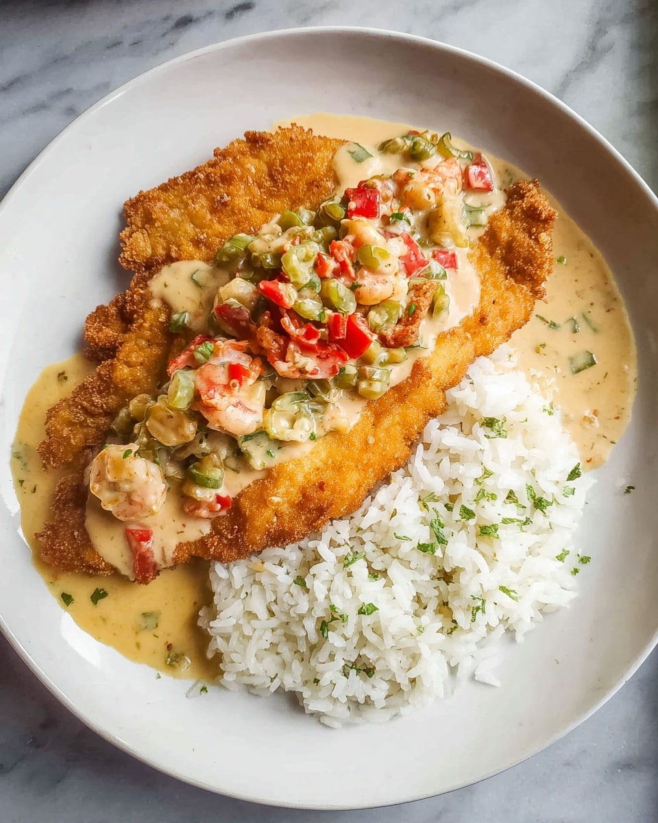A white plate on a white marbled surface holds two golden-brown fried fillets placed side by side on the upper half of the plate. On top of the fillets is a creamy sauce with small pieces of red and green vegetables, along with tiny seafood pieces like crawfish. Below the fillets is a portion of white rice mixed with small green herbs, filling the lower half of the plate. The overall look is warm with contrasting textures of crispy fillets, soft rice, and creamy sauce. photo taken with an iphone --ar 4:5 --v 7