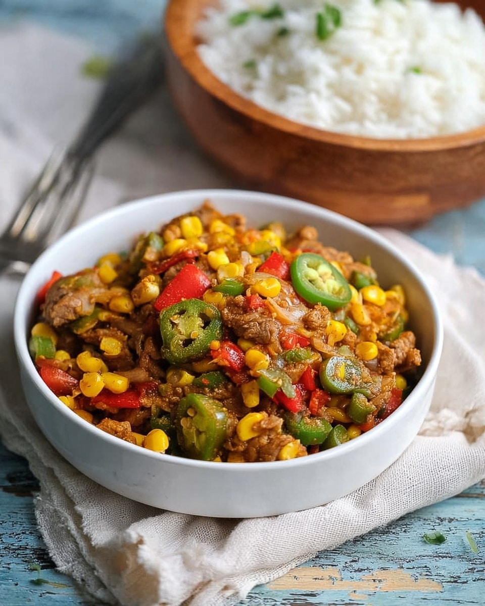 The image shows a white bowl filled with a colorful dish made of small yellow corn kernels, green slices of jalapeno, red bell pepper pieces, onions, and chunks of cooked meat mixed in a sauce. The bowl sits on a light beige cloth, placed on a blue wooden surface with a slightly worn look. In the background, there is a wooden bowl with white rice and a similar corn and jalapeno mix, all set on a white marbled surface. A silver fork lies next to the white bowl. The overall look is warm and fresh, showing vibrant colors and textures of the cooked ingredients. Photo taken with an iphone --ar 4:5 --v 7