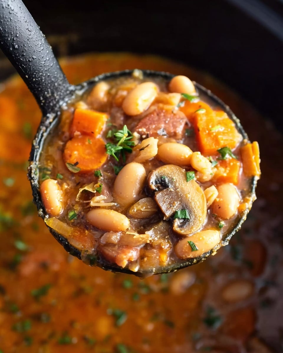 A close-up view of a black ladle holding a thick stew filled with white beans, small orange carrot pieces, and slices of brown mushrooms all mixed in a rich orange-brown broth. The stew is sprinkled with small green herb pieces, adding a fresh color contrast. In the background, the rest of the stew is visible inside a dark cooking pot, with the white marbled surface faintly showing beneath. photo taken with an iphone --ar 4:5 --v 7