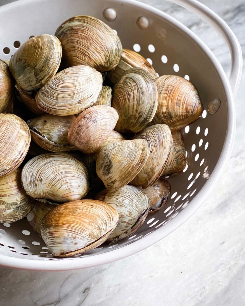 A white colander filled with many whole clams, each with a rounded shell showing light brown to beige colors and natural ridges. The shells have a slightly shiny surface and some darker streaks. The colander has small round holes and rests on a white marbled textured surface. The light highlights the textures and colors of the clam shells clearly. photo taken with an iphone --ar 4:5 --v 7
