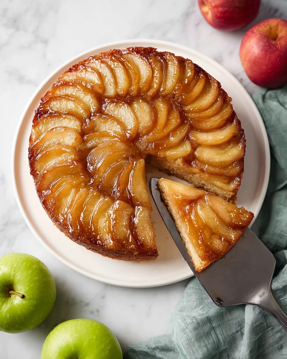 A round apple cake with one slice taken out sits on a white plate. The top layer is made of glossy, golden-brown apple slices arranged in a circular pattern, overlapping slightly and shining with a caramelized glaze. Below the apple layer is a light brown, soft cake base visible at the cut slice. The cake rests on a white marbled surface, with two green apples placed near the bottom left and one red apple near the top right on a sage green cloth. A silver cake server holds the removed slice on the right side of the plate. Photo taken with an iphone --ar 4:5 --v 7