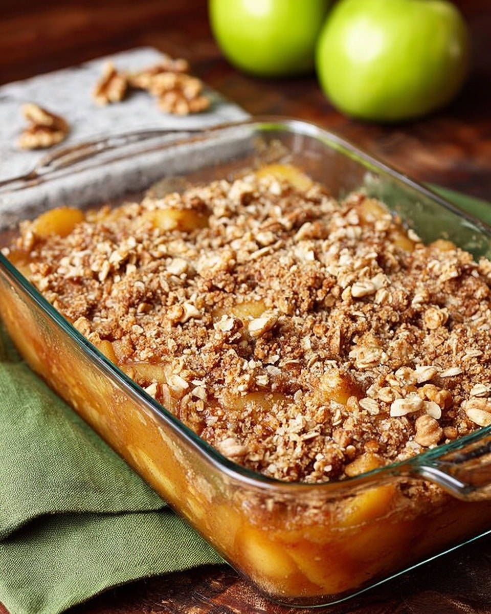 A clear rectangular glass baking dish filled with a baked apple dessert is shown. The dish has two visible layers: the bottom layer is a warm, soft, orange-brown baked apple mixture with small chunks; the top layer is a crumbly, golden-brown oat and walnut topping, lightly sprinkled with whole walnut pieces and oats that add texture. The dish sits on a dark wooden surface with a green cloth underneath, and two green apples and some walnut halves are in the blurry white marbled background. photo taken with an iphone --ar 4:5 --v 7