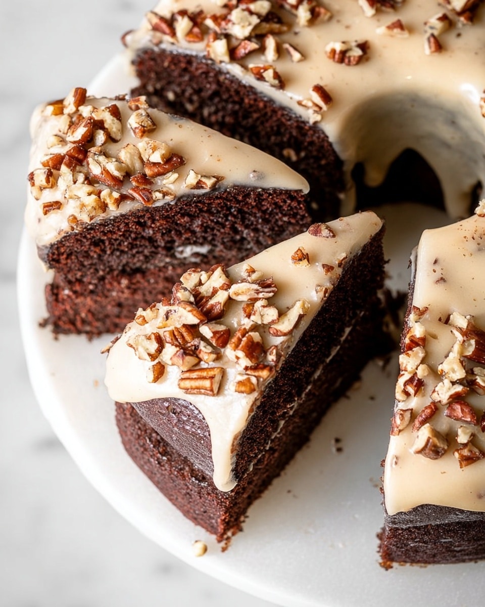 This image shows a dark brown cake with three visible thick layers. The cake is coated with a light beige smooth glaze that flows unevenly over the top and edges of each layer. On top of the glaze, there are many small chopped pieces of pecans scattered, giving a rough texture on top. The cake is presented on a white plate with a white marbled surface underneath. One slice of the cake is taken out, showing the moist and dense texture inside the dark brown layers. Photo taken with an iphone --ar 4:5 --v 7