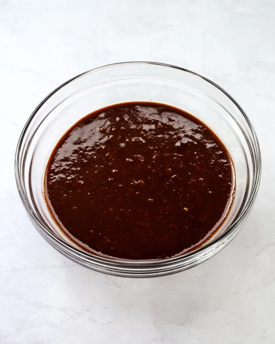 A clear glass bowl sits on a white marbled surface, filled with a thick, rich dark brown mixture that has a smooth texture with small lumps visible throughout. The bowl is round and transparent with a simple design, showing the deep color and glossy surface of the dark sauce inside. Photo taken with an iphone --ar 4:5 --v 7