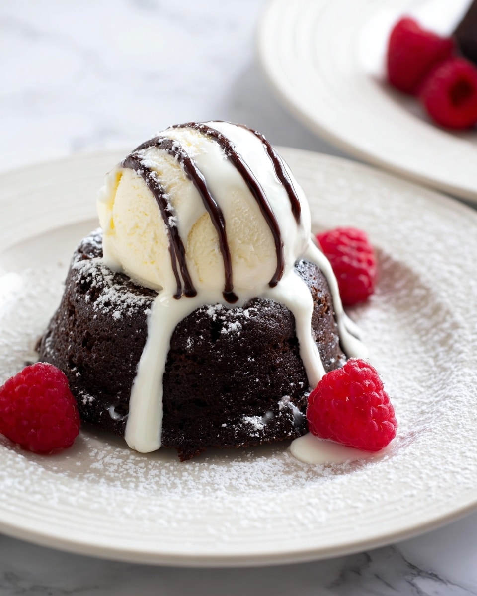 A small dark brown chocolate cake sits at the center of a white plate with a subtle patterned rim. On top of the cake, a creamy white scoop of vanilla ice cream is placed, slightly melting with smooth drips running down the sides of the cake. Two thin lines of dark chocolate sauce are drizzled over the ice cream. Around the cake, there are three bright red raspberries, adding a fresh pop of color. The plate is dusted lightly with white powdered sugar. The setting is on a white marbled surface. Photo taken with an iphone --ar 4:5 --v 7