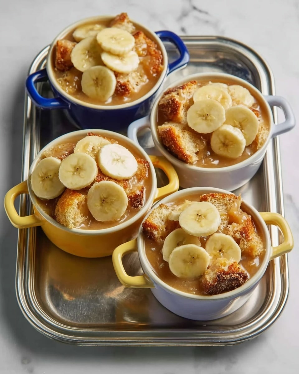 The image shows four small white bowls with handles in blue, yellow, and lavender colors, placed on a silver tray. Each bowl has three layers: a bottom layer of golden-brown toasted bread pieces with a slightly crispy texture, a middle layer of light brown creamy sauce covering the bread, and the top layer of round, yellow banana slices neatly arranged. The overall look is warm and inviting, with the bowls filled generously and the silver tray sitting on a white marbled surface. photo taken with an iphone --ar 4:5 --v 7