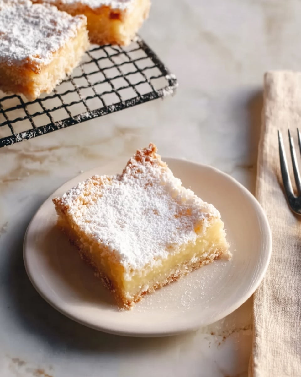 A square piece of lemon bar is placed on a white plate, with a thick bottom crust layer that is golden brown and crumbly. On top of the crust, there is a pale yellow, smooth lemon filling layer, covered generously with white powdered sugar. Another lemon bar rests on a black cooling rack above and slightly to the left of the plate, also dusted with powdered sugar. To the right side of the plate, there is a metal fork and a beige cloth napkin. The background is a white marbled surface with soft natural lighting. photo taken with an iphone --ar 4:5 --v 7