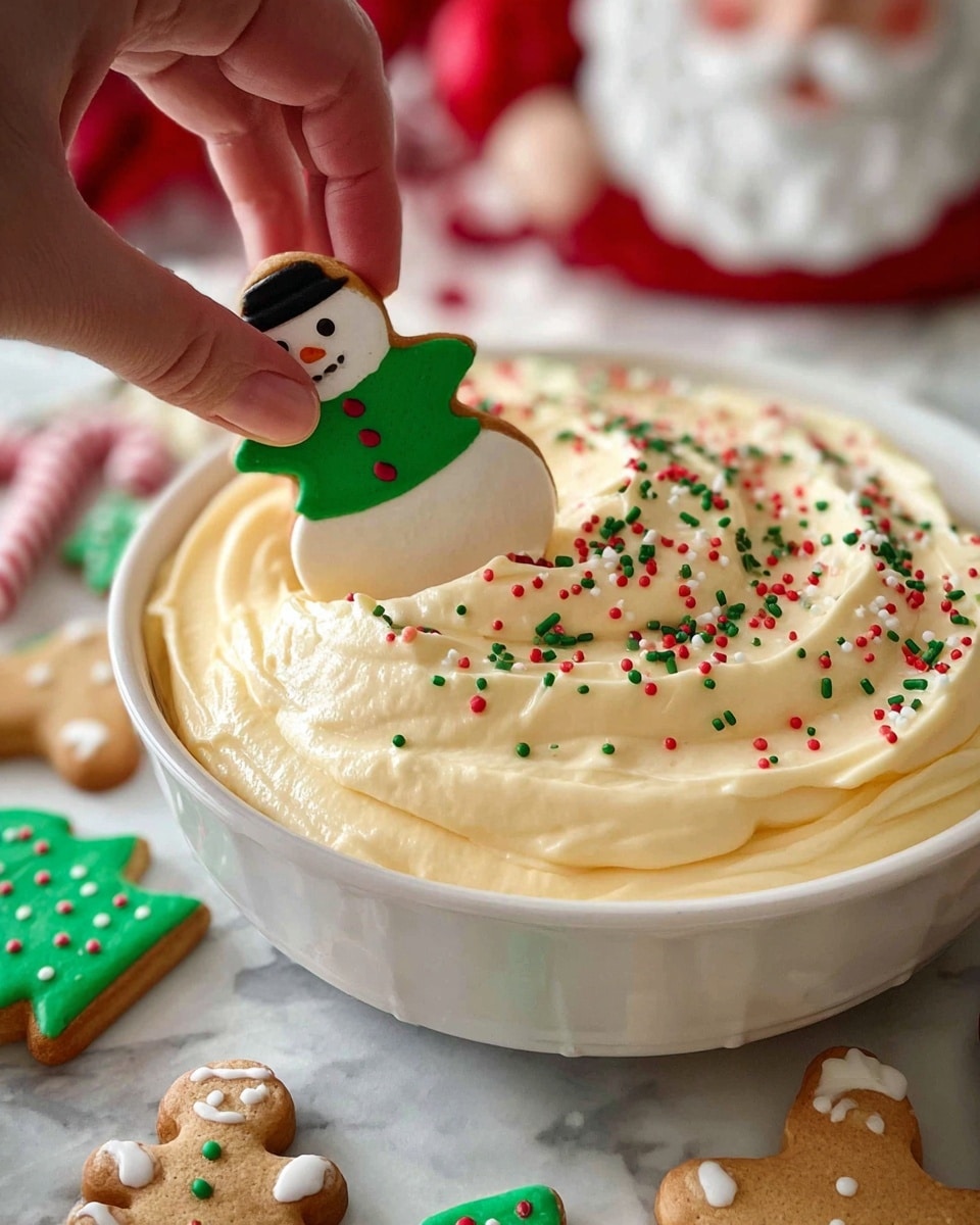 A white bowl filled with creamy, light yellow dip swirled on top, decorated with red, green, and white sprinkles shaped like Christmas trees and sticks. A woman’s hand is dipping a cookie shaped like a snowman with a green sweater and black hat into the dip. Around the bowl there are decorated cookies in shapes like snowmen, Christmas trees, gingerbread people, and candy canes on a white marbled surface. In the background, there is a blurred Santa face, enhancing the festive feel. photo taken with an iphone --ar 4:5 --v 7