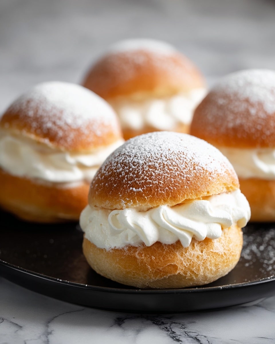 The image shows four cream-filled buns arranged on a black plate placed on a white marbled surface. Each bun has two layers: a golden-brown soft bread bottom with a slightly cracked texture and a thin top layer dusted with white powdered sugar. Between these layers, there is a thick swirl of smooth white cream that is fluffy and slightly shiny. The focus is on the front bun, with the other three blurred in the background, creating a sense of depth. Photo taken with an iphone --ar 4:5 --v 7