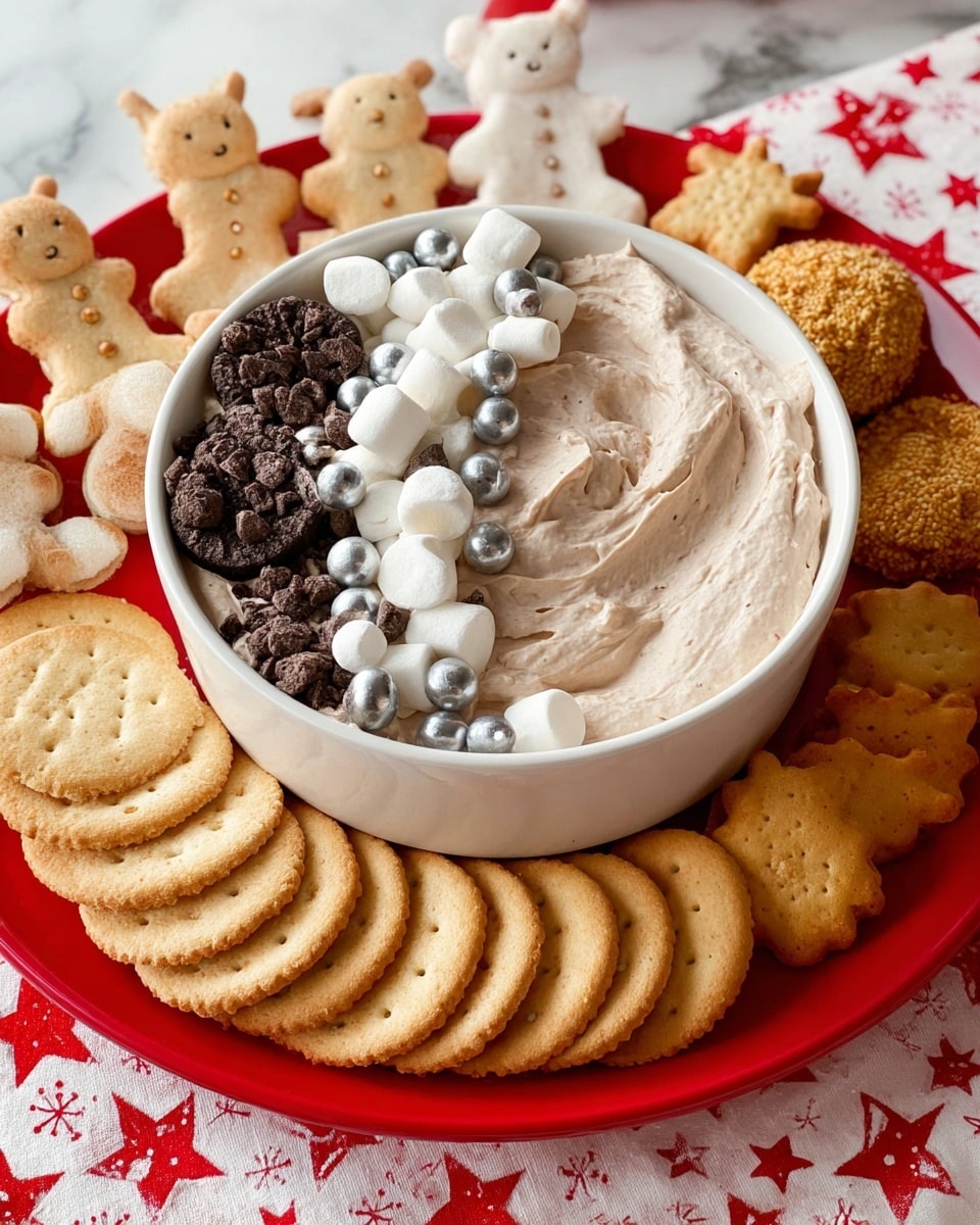 A white bowl filled with a creamy light brown dip sits in the center, topped on one side with a mix of small white marshmallows, dark chocolate chips, and tiny silver balls. Surrounding the bowl on a red plate are neatly arranged light tan rectangular crackers, dark round sandwich cookies, small round golden cookies, and animal-shaped light tan crackers. The setting is on a white marbled surface with a red and white patterned cloth underneath, showing festive designs like stars and reindeer. photo taken with an iphone --ar 4:5 --v 7