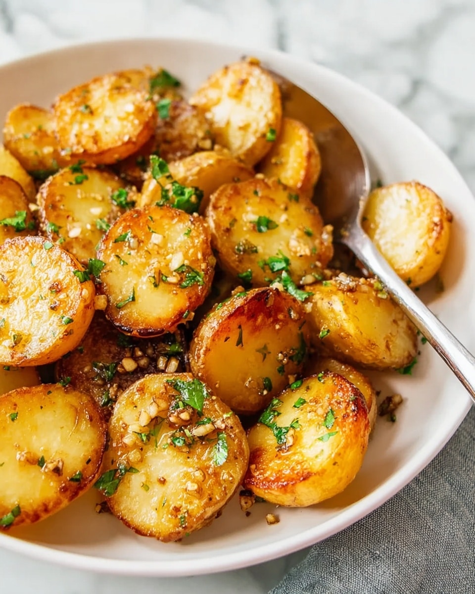 The image shows a white shallow bowl filled with golden brown roasted potato halves, each piece crispy on the edges and soft in the center, showing a slight caramelized texture. The potatoes are topped with small bits of garlic and finely chopped green parsley scattered evenly over the dish. A silver spoon lies inside the bowl beside the potatoes. The background surface is a white marbled texture. photo taken with an iphone --ar 4:5 --v 7