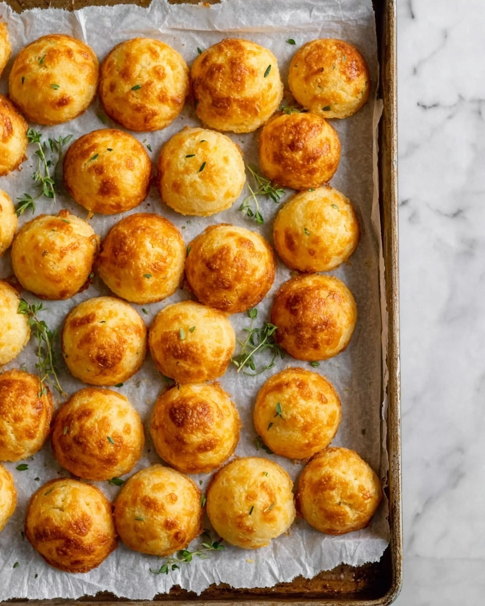 The image shows a metal baking tray covered with wrinkled white parchment paper, placed on a white marbled surface. On the tray, there are 24 round, small baked cheese puffs arranged in a neat 6 by 4 grid. Each puff is golden brown with a slightly shiny and smooth top, showing small variation in light and darker brown spots. A few small green herb leaves, likely thyme, are scattered lightly over and around the cheese puffs for decoration. The overall look is warm, fresh, and inviting, with a simple and clean background. photo taken with an iphone --ar 4:5 --v 7