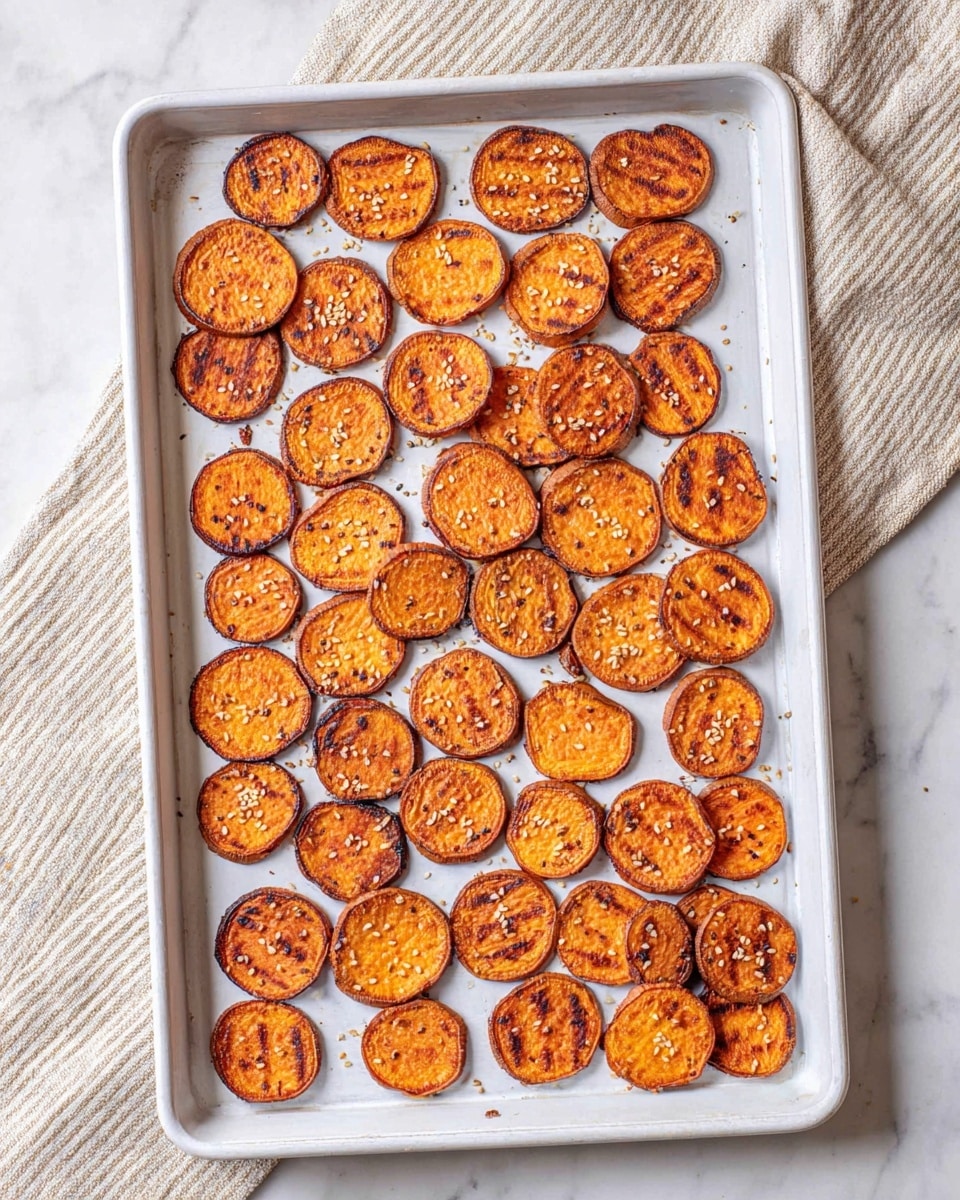 A white baking tray filled with about fifty round, golden-brown sweet potato slices, each about the same size and thickness, arranged in neat rows covering the tray. The slices have grill marks giving texture with some pieces appearing slightly darker or charred on edges, sprinkled lightly with small sesame seeds and seasoning particles. The tray sits on a white marbled surface with a beige striped cloth partially visible at the top right corner. The image is bright, showing the crisp details of the sweet potatoes and the clean look of the tray photo taken with an iphone --ar 4:5 --v 7