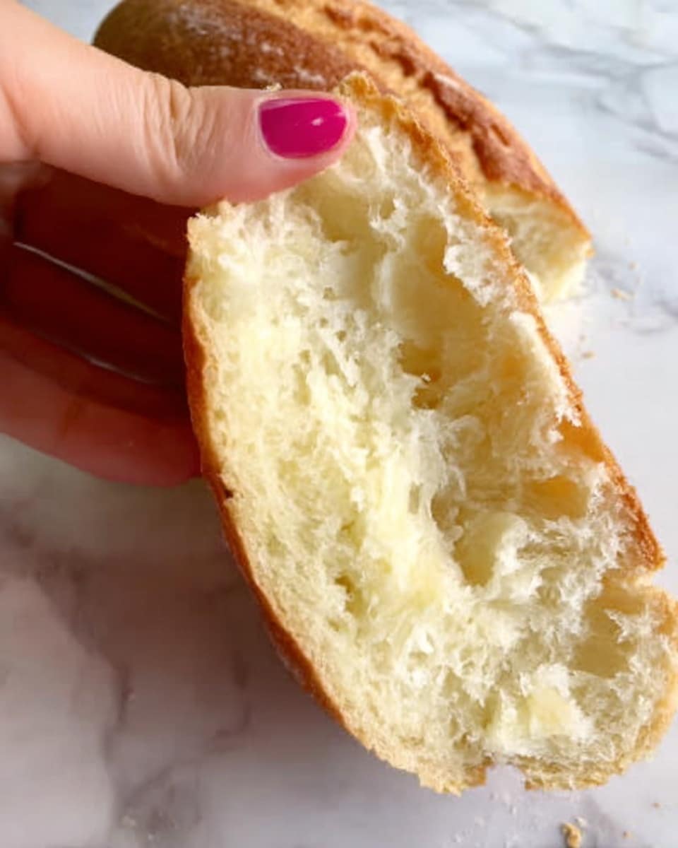 The image shows a close-up of a piece of bread being pulled apart by a woman's hand with pink nail polish. The bread is light yellow inside with a soft, fluffy texture and has a golden-brown crust on the outside. The background is a white marbled surface. Photo taken with an iphone --ar 4:5 --v 7