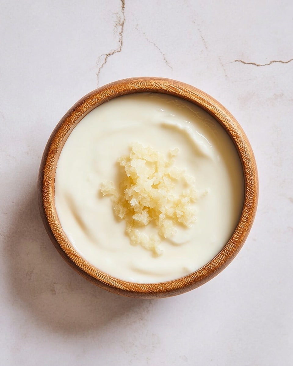 The image shows a small wooden bowl filled with a smooth white creamy layer that covers the entire inside of the bowl. On top, there is a small pile of light yellow mashed or minced substance placed in the center, providing a contrast in color and texture. The bowl is placed on a white marbled surface with a few faint cracks visible. The overall look is simple and clean with a focus on the creamy, soft texture and the small topping in the middle. photo taken with an iphone --ar 4:5 --v 7
