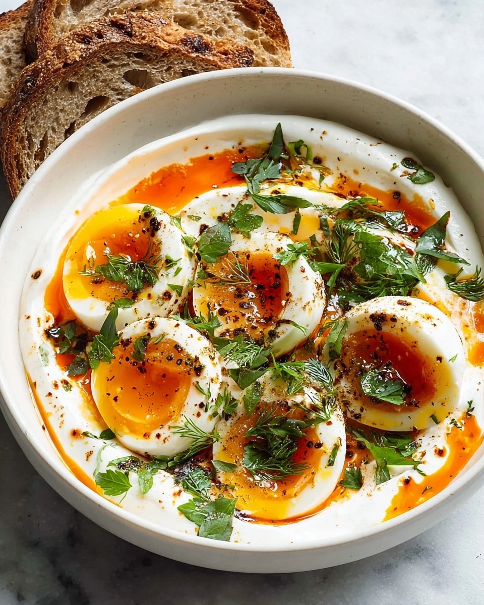 In a white bowl on a white marbled surface, there is a smooth white yogurt base spread evenly. On top, there are five halves of soft-boiled eggs with bright orange yolks and firm whites, arranged closely together in the center. The eggs are sprinkled with chopped fresh green herbs and dusted lightly with black pepper. Bright red-orange oil drizzles over the eggs and yogurt, adding a glossy texture and color contrast. In the upper left corner, there are a few slices of toasted brown seeded bread. Photo taken with an iphone --ar 4:5 --v 7