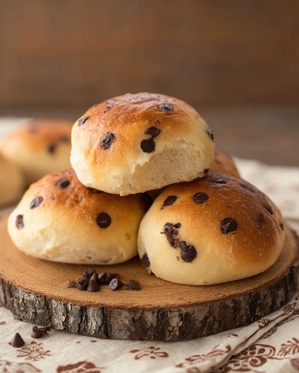 Four golden brown buns with dark chocolate chips spread unevenly on their shiny tops are stacked on a round wooden board with bark edges. The buns have a soft texture with slight browning on some areas and the chocolate chips give a dark contrast. The board sits on a light-colored cloth with brown patterns. The background is out of focus and has a warm tone that complements the buns. photo taken with an iphone --ar 4:5 --v 7