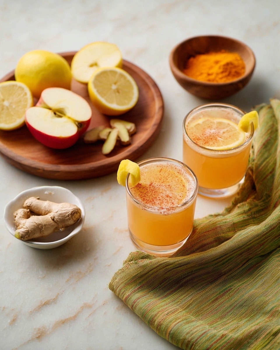 The image shows two clear glasses filled with a light orange drink layered with a sprinkling of spice on top, each glass garnished with a small yellow lemon wedge on the rim. Next to them is a small white bowl holding fresh ginger root pieces. Behind the glasses, a round wooden tray holds a red apple cut in half showing its seeds, several lemon wedges, and a small wooden bowl filled with bright orange powder. A folded green and beige striped cloth lies under the wooden tray on a white marbled surface. The scene is bright and inviting, focused on natural, fresh ingredients for a drink. photo taken with an iphone --ar 4:5 --v 7