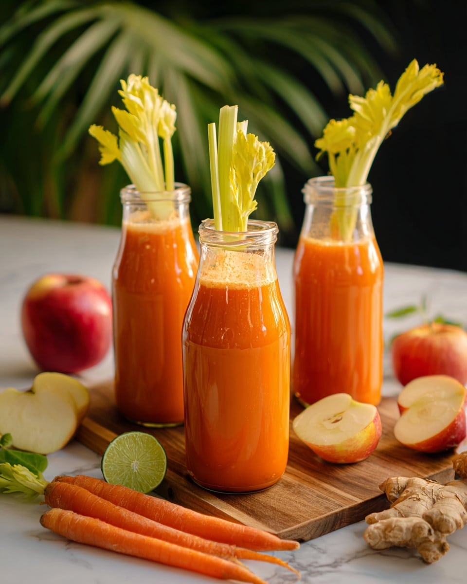 Three clear glass bottles are filled with bright orange juice, each topped with a tall celery stalk with yellow-green leaves. The front bottle is full, showing a frothy top layer, while the others appear slightly less full. The bottles rest on a wooden board laid on a white marbled surface. Around the bottles, there are fresh carrot pieces, whole carrots with green tops, a red apple halved to show its pale inside, an apple whole, a small piece of ginger, a lime wedge, and celery leaves, all adding natural colors of green, orange, and red. The background is softly blurred green plants and dark shadows. Photo taken with an iphone --ar 4:5 --v 7
