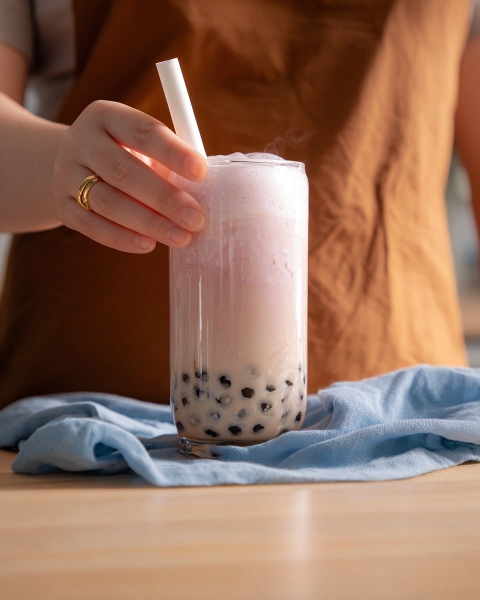 A clear glass filled with a drink showing three main layers: the bottom with black tapioca pearls in a light beige liquid, a middle thick pink layer, and a top foamy white layer. The glass is held mid-frame by a woman's hand with a gold ring on the ring finger, and a white straw pokes out from the top. The background is softly blurred with a person wearing a brown shirt, and a blue cloth lies on a light wooden surface below. photo taken with an iphone --ar 4:5 --v 7