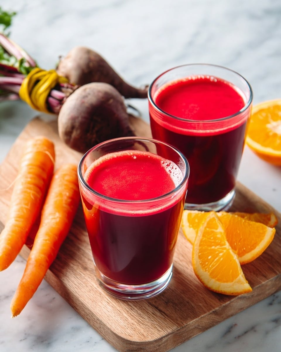 Two clear glasses filled with bright red juice sit on a wooden board placed on a white marbled surface. Around the board are two carrot roots, two beets with long green tops tied together by a yellow rubber band, and several orange wedges. The colors are vibrant with the deep red juice contrasting with the orange, green, and earthy tones of the vegetables, all softly lit from above, creating a fresh and healthy feel. photo taken with an iphone --ar 4:5 --v 7