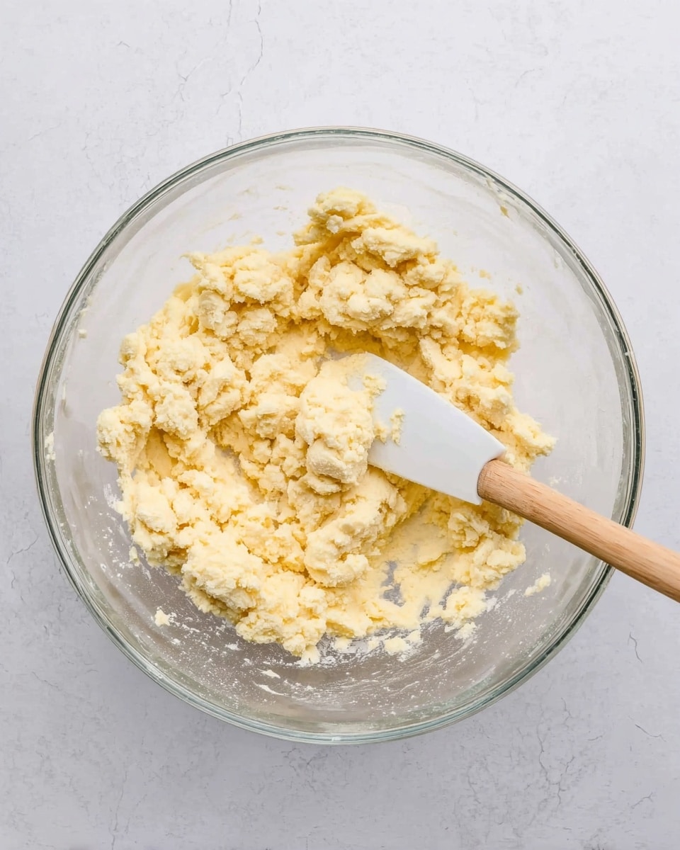 A clear glass bowl filled with a pale yellow dough mixture that looks crumbly and soft, with small lumps and slight texture visible throughout. A white spatula with a wooden handle is resting inside the bowl, slightly pressing into the dough. The bowl sits on a white marbled surface which adds a clean and bright background to the image. No other items are in the scene. photo taken with an iphone --ar 4:5 --v 7