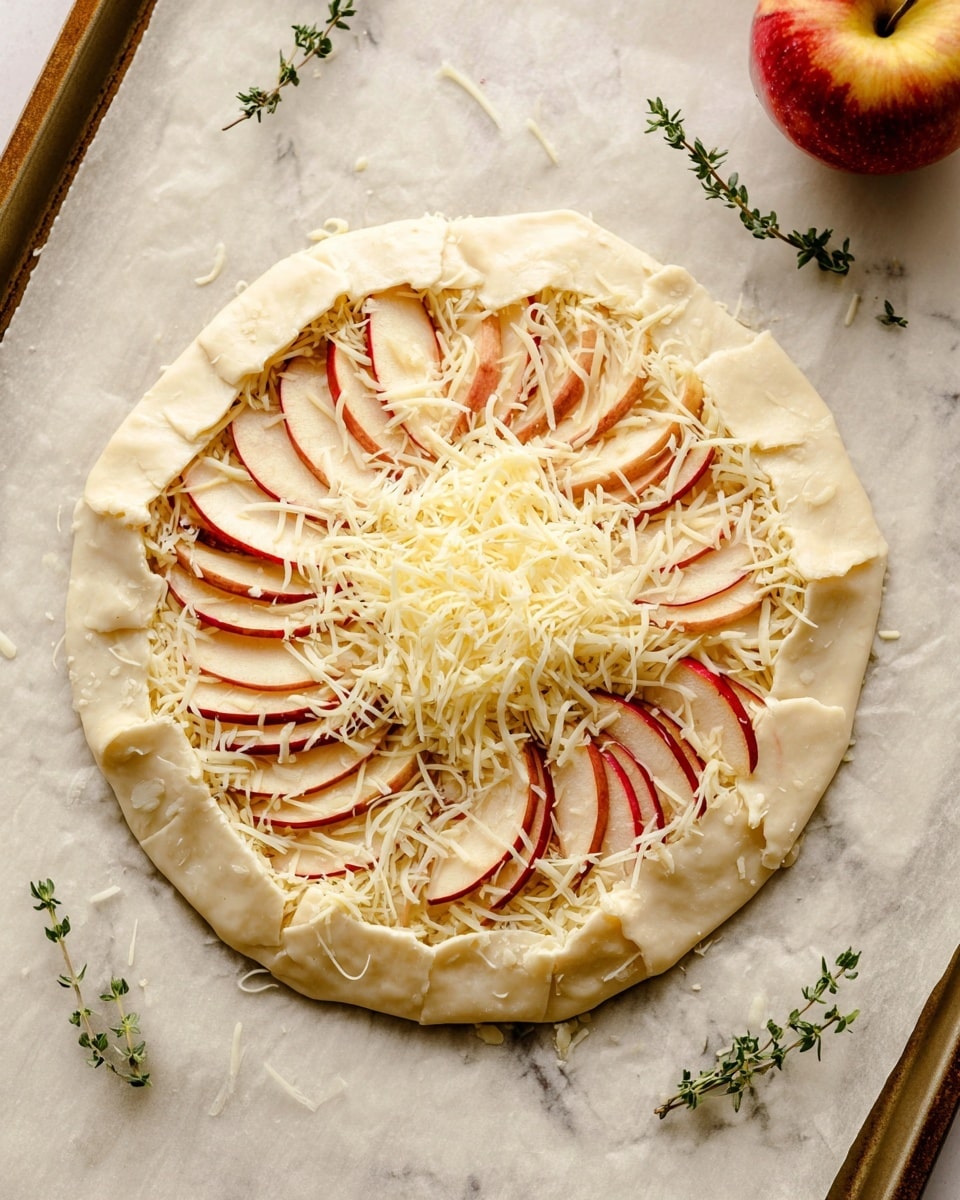 The image shows an uncooked galette on a baking sheet lined with parchment paper, placed on a white marbled surface. The galette has a single round base layer of pale dough with edges folded inward, creating a border. Inside this border, there is one layer of thinly sliced apple pieces fanned out in a circular pattern showing red skin and creamy white flesh. The dough border is thickly covered by a layer of shredded pale yellow cheese. A red and yellow apple and small green herb sprigs are placed decoratively on the white marbled surface near the baking sheet. Photo taken with an iphone --ar 4:5 --v 7