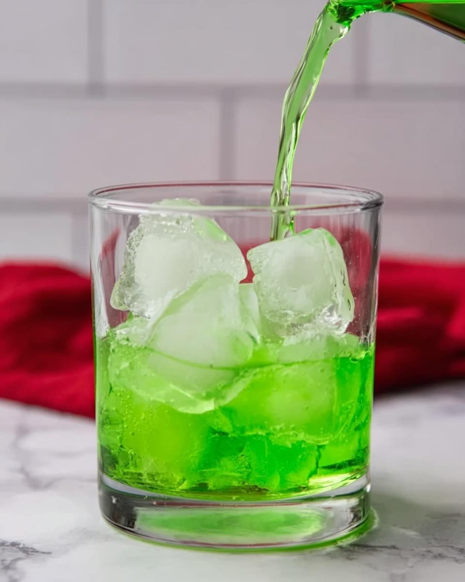 A clear glass filled with large ice cubes is being filled with bright green liquid. The liquid is pouring smoothly from above into the glass, catching the light and showing a shiny, wet texture. The glass sits on a white marbled surface with a soft, blurred white tile background. A red cloth is visible on the right side, adding a pop of color to the scene, photo taken with an iphone --ar 4:5 --v 7