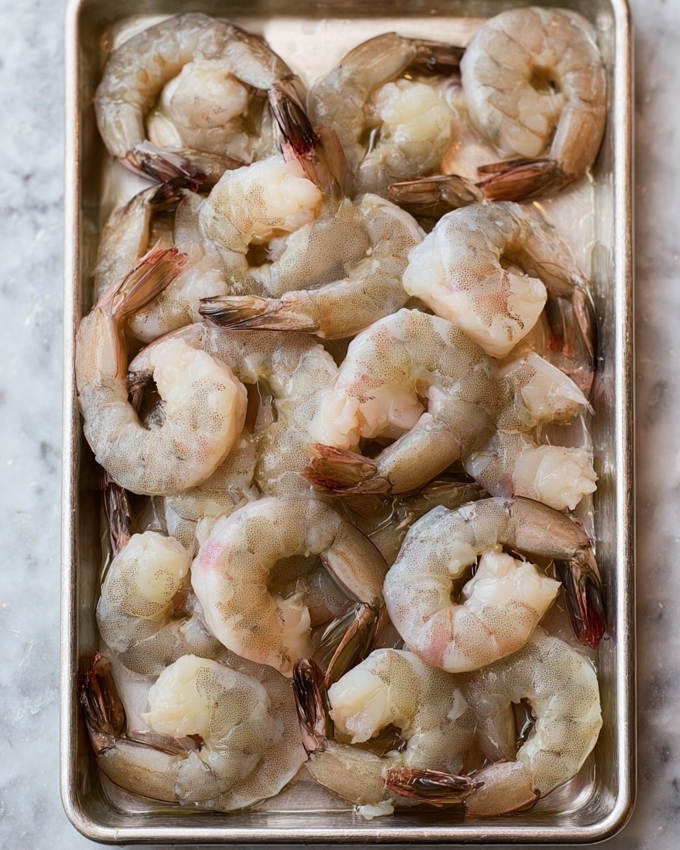 A metal tray filled with many raw shrimp arranged close together, each shrimp has a pale gray and pinkish shell with darker tails, and soft white flesh visible as the shrimp curve slightly. The shrimp bodies show some wet texture and light reflections, laying flat on the metal tray which has a dull silver color and some light scratches. The background is a white marbled texture. photo taken with an iphone --ar 4:5 --v 7